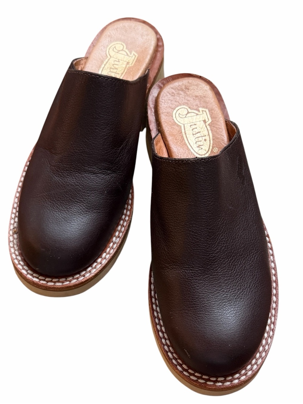 Justin Brown Leather Clogs Mules with Stitched Sole, 5, Girls Ladies